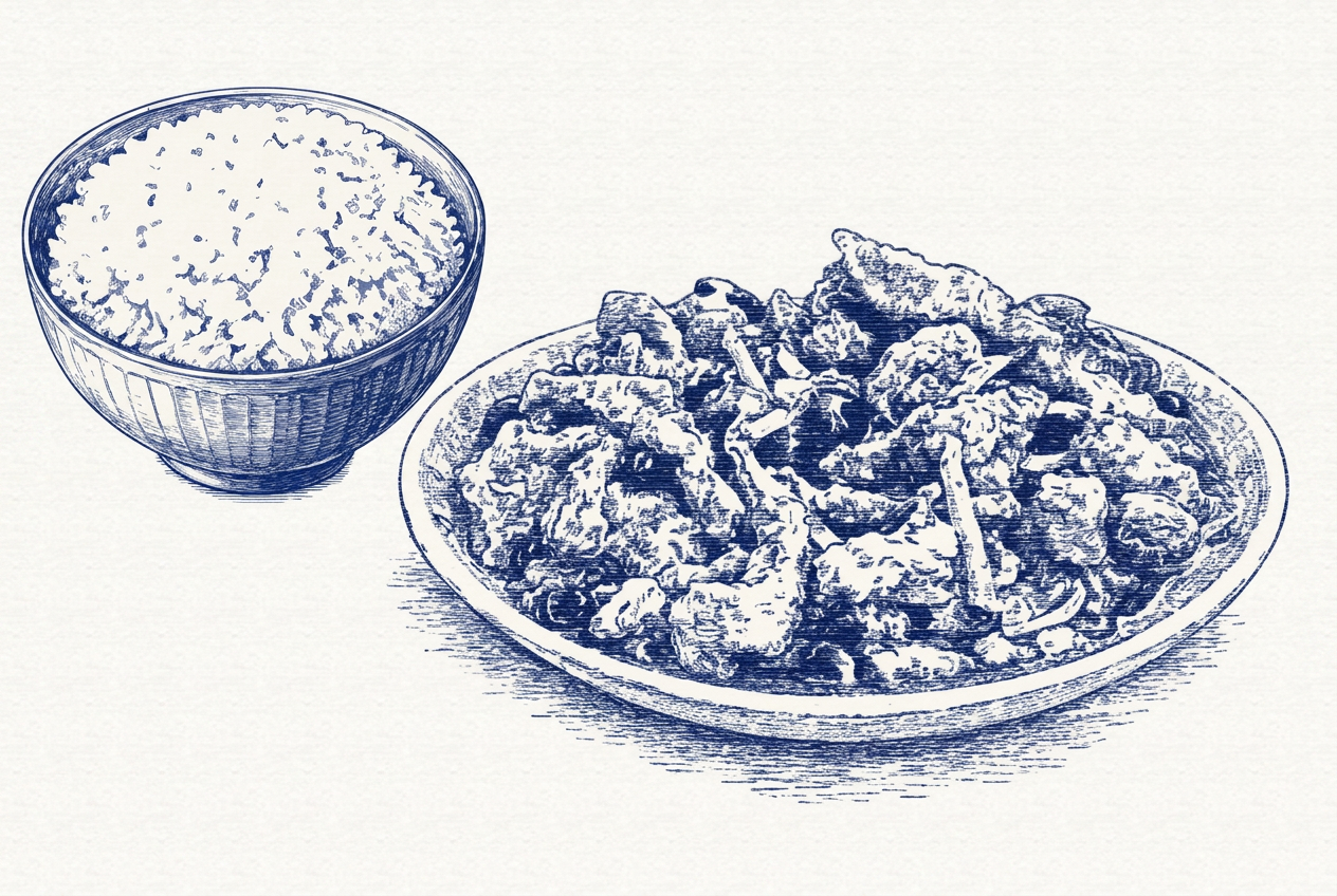 Illustration of a steamed main with a bowl of rice